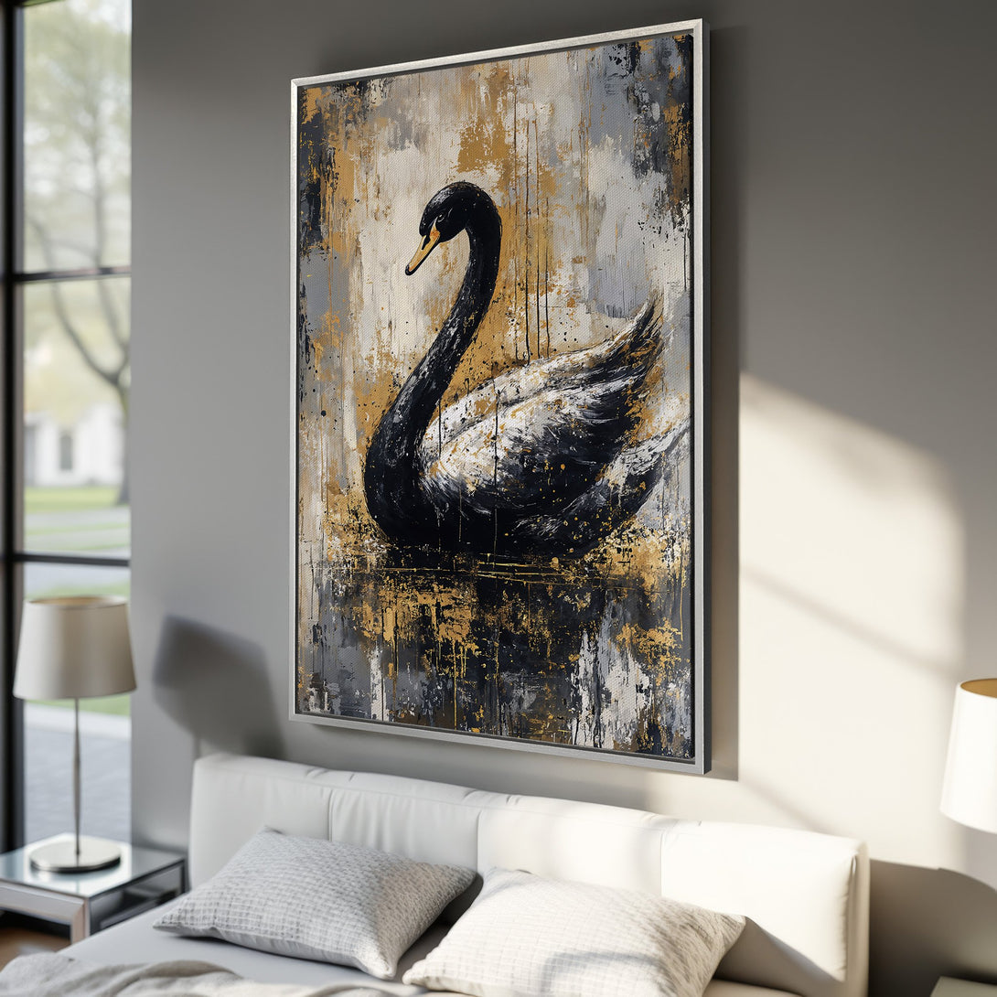 Framed Wall Art featuring a black swan painting with gold accents. Modern art print in a neutral color palette, perfect for bedroom decor.