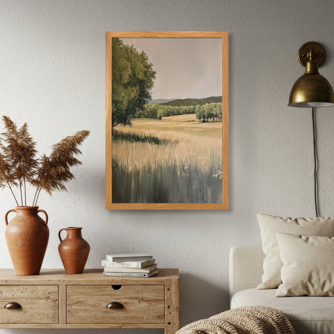 Framed Poster of a serene landscape painting in neutral tones. Perfect for adding a touch of nature and tranquility to your home.