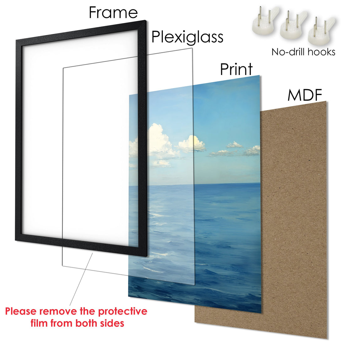 Framed Poster of ocean scene with blue and white color palette. Perfect art for your home!