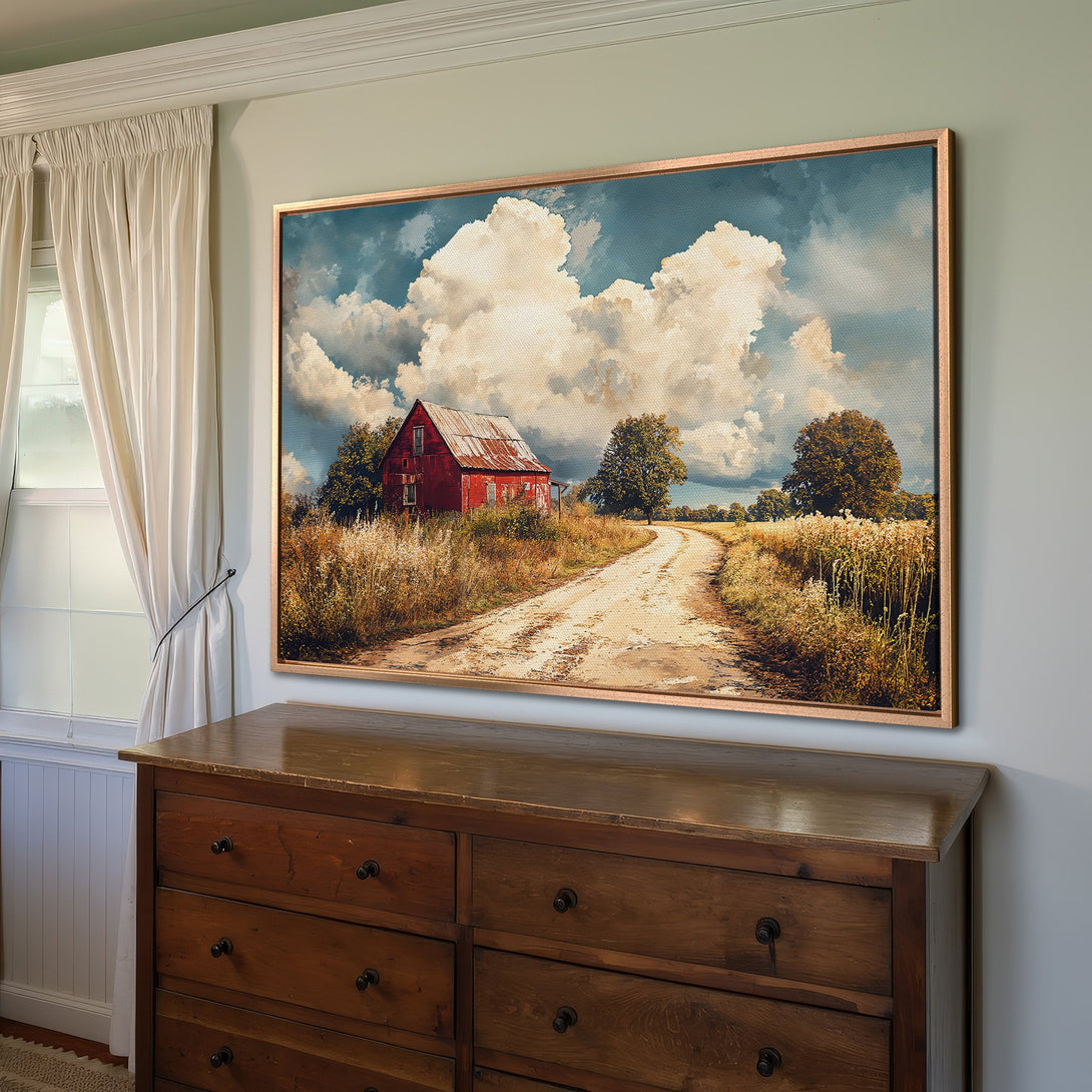 Framed Wall Art: Rustic barn landscape Canvas Print. Warm earth tones and vibrant red barn create a cozy, inviting atmosphere for your home.
