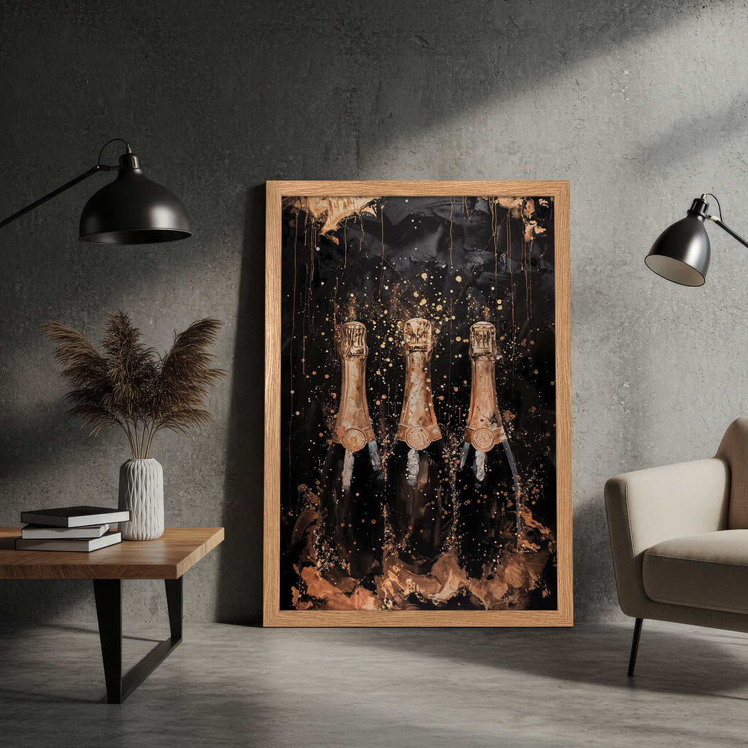 Framed Poster featuring champagne bottles in a modern, abstract style with a black and gold color palette. Perfect wall art for any space!