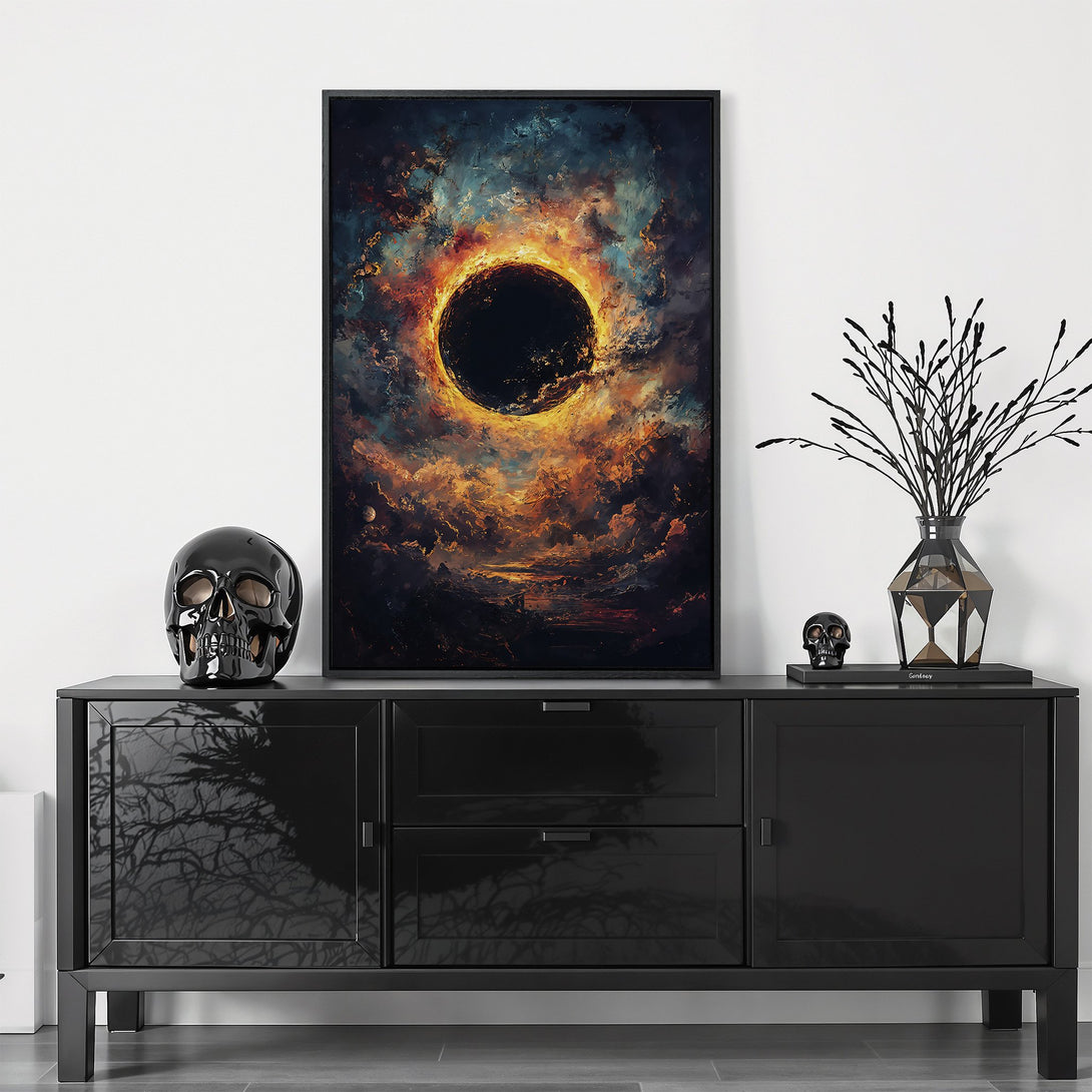 Framed Wall Art: Abstract space art Canvas Print, featuring a dark hole and fiery orange/blue color palette, perfect for modern home decor.
