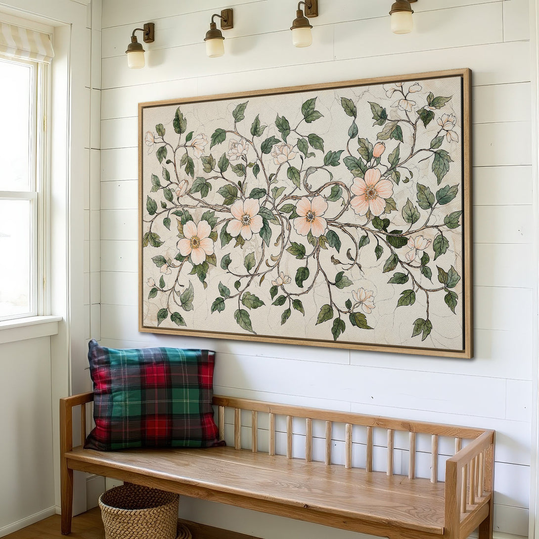 Framed Wall Art featuring a floral botanical print in soft pink and green hues. Adds a touch of elegance to any interior. Shop now for stylish home decor!