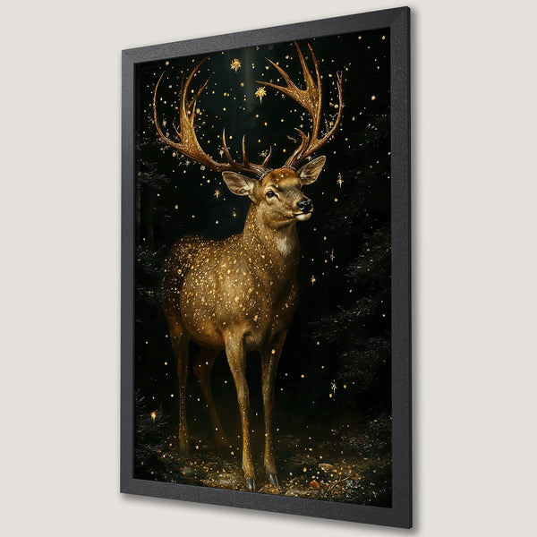 Framed Poster featuring a majestic stag in a forest, with a warm, autumnal color palette. Perfect for home decor!
