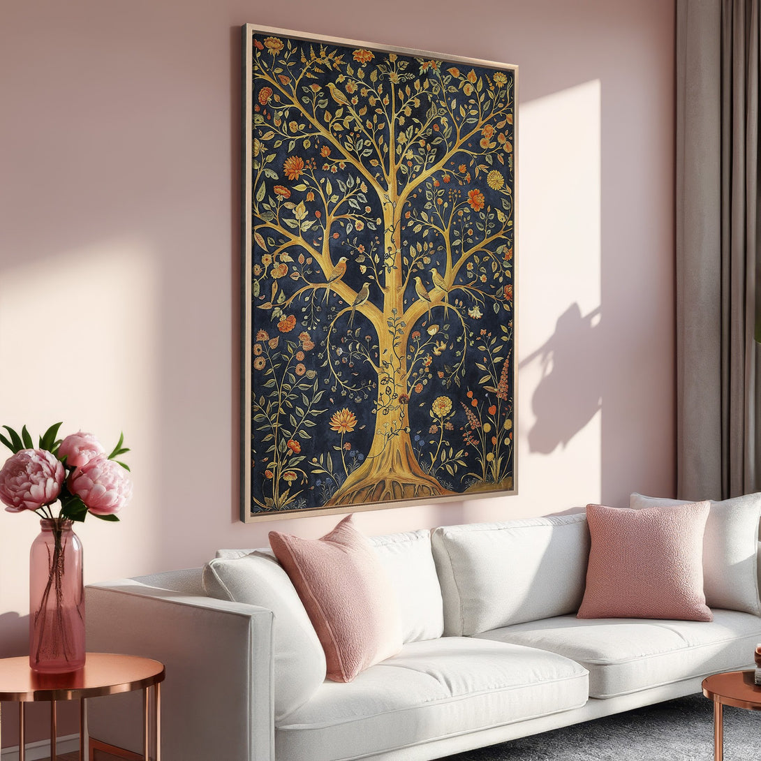 Framed Wall Art featuring a golden tree design with birds on a dark blue background. Adds elegance to any interior with its warm color palette.