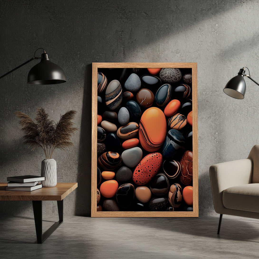 Framed Poster featuring abstract art of polished stones in a warm, earthy color palette. Modern decor for your home.