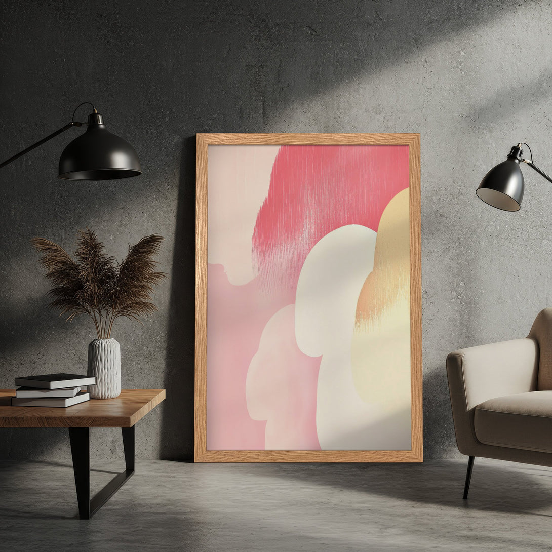 Framed Poster featuring abstract art in pink, white, and beige hues. Modern style, perfect for home decor.