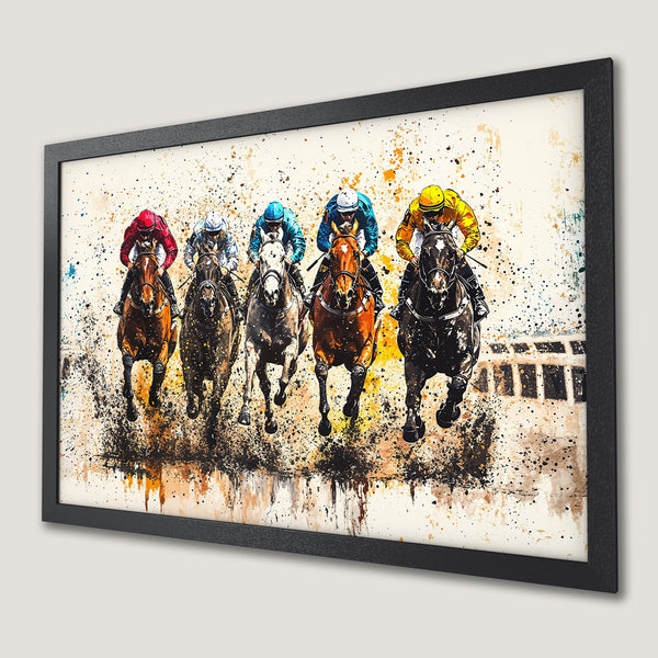 Framed Poster of horse race in watercolor style with a neutral and colorful palette. Perfect art for your home!