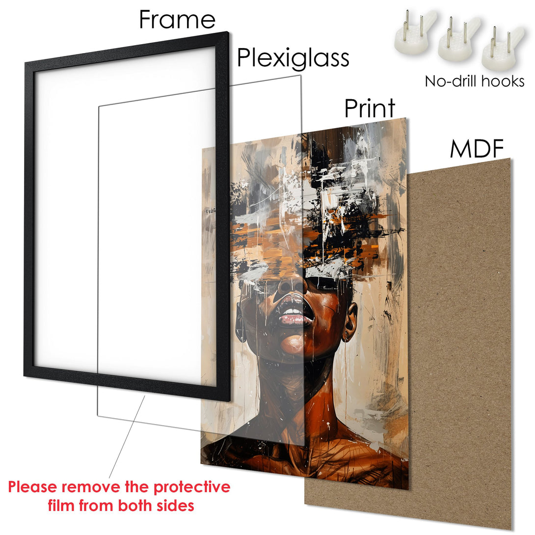 Framed Poster featuring a striking portrait in an abstract style with warm brown and neutral tones. Elevate your space with this unique artwork!