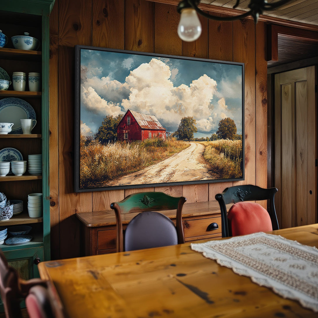 Framed Wall Art: Rustic landscape Canvas Print with red barn, warm earth tones, and a touch of blue sky. Perfect farmhouse decor!