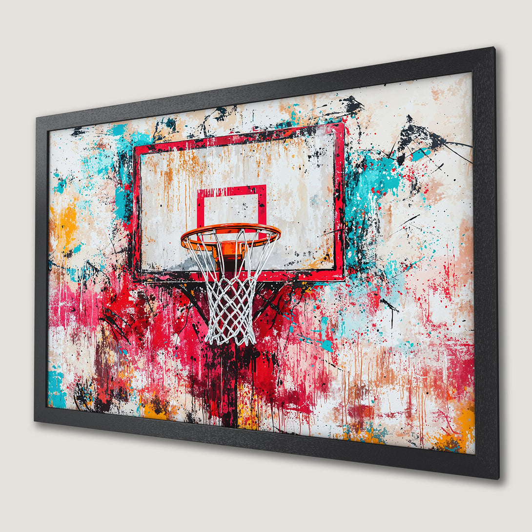 Framed Poster of basketball hoop art, abstract style with red, blue, and orange color palette. Perfect wall decor!