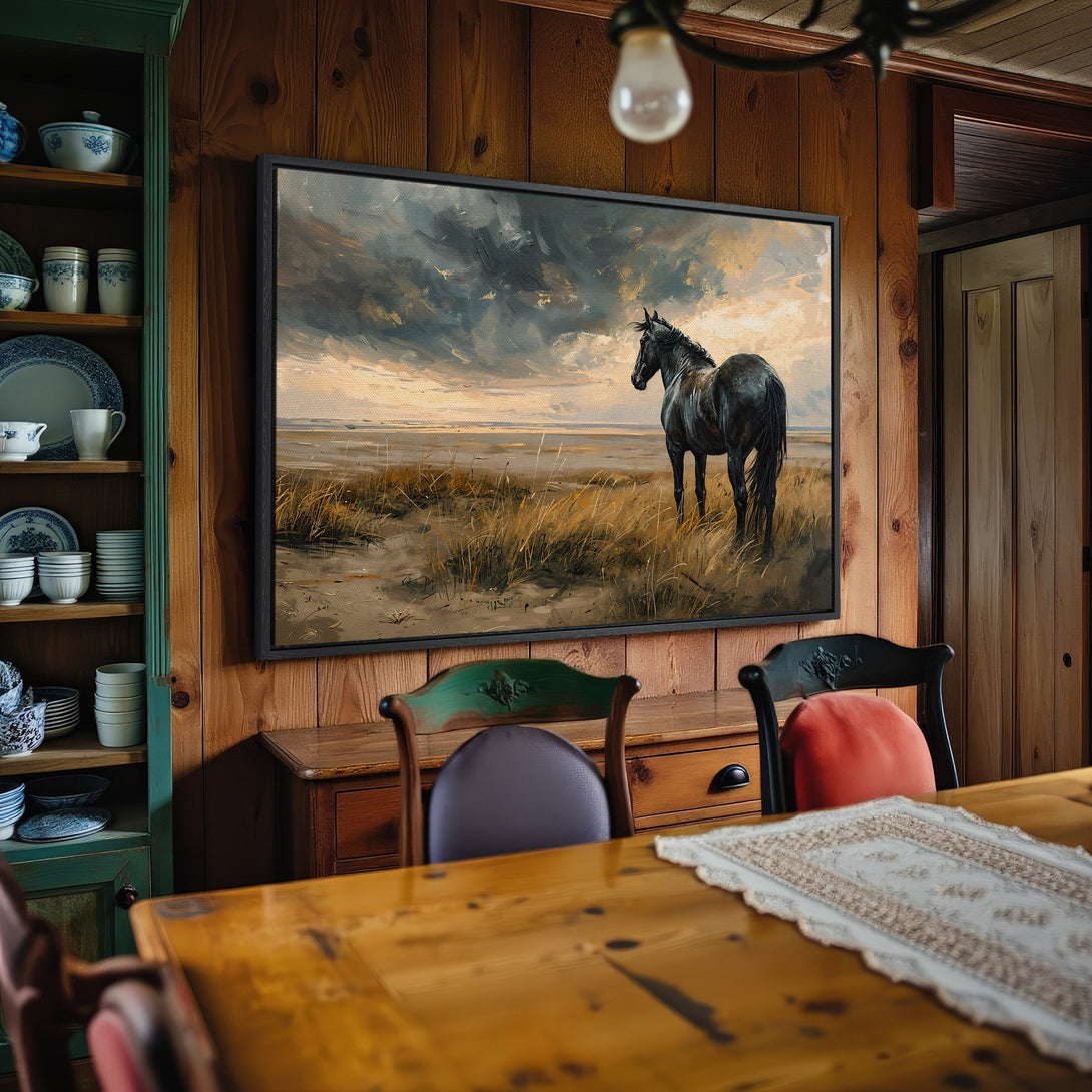 Framed Wall Art: Stunning horse painting in a rustic style with a warm, earthy color palette. Perfect for adding a touch of nature to your home decor.