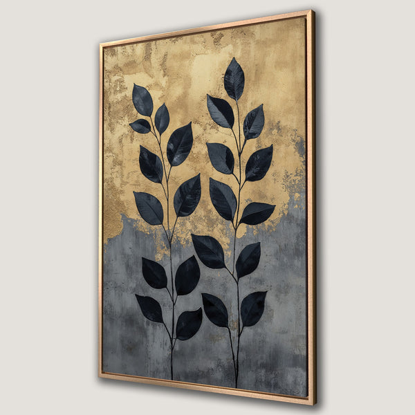 Framed Wall Art featuring abstract black leaves on a gold and gray textured background. Modern botanical art for home decor.