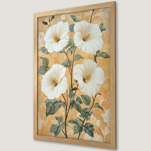 Framed Poster featuring white floral watercolor art on a yellow background. Elegant botanical print with a warm, neutral color palette.