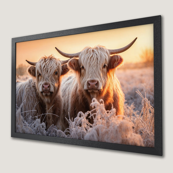 Framed Poster featuring Highland cows in a warm, golden-toned landscape. Rustic style with a natural color palette.