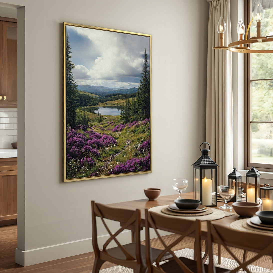 Canvas Print of a serene mountain landscape with a lake, featuring a natural, earthy color palette. Perfect wall art for any room.
