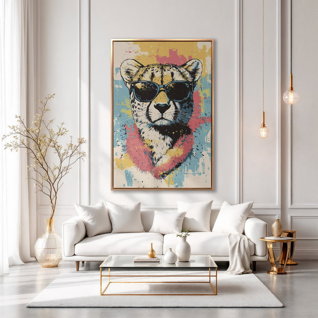 Framed Wall Art: Cool cheetah in sunglasses, pop art style. Colorful canvas print with pink, blue, and yellow accents. Modern wall decor for a stylish living room.