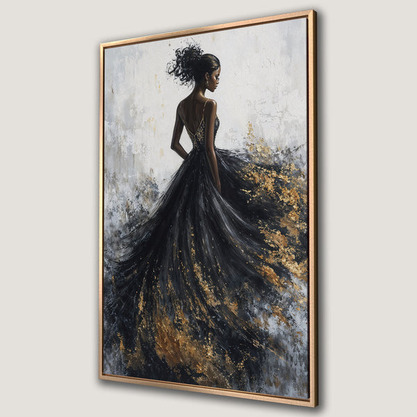 Framed Wall Art: Elegant woman in black gown with gold accents. Abstract style, neutral and gold color palette. Perfect for modern home decor.