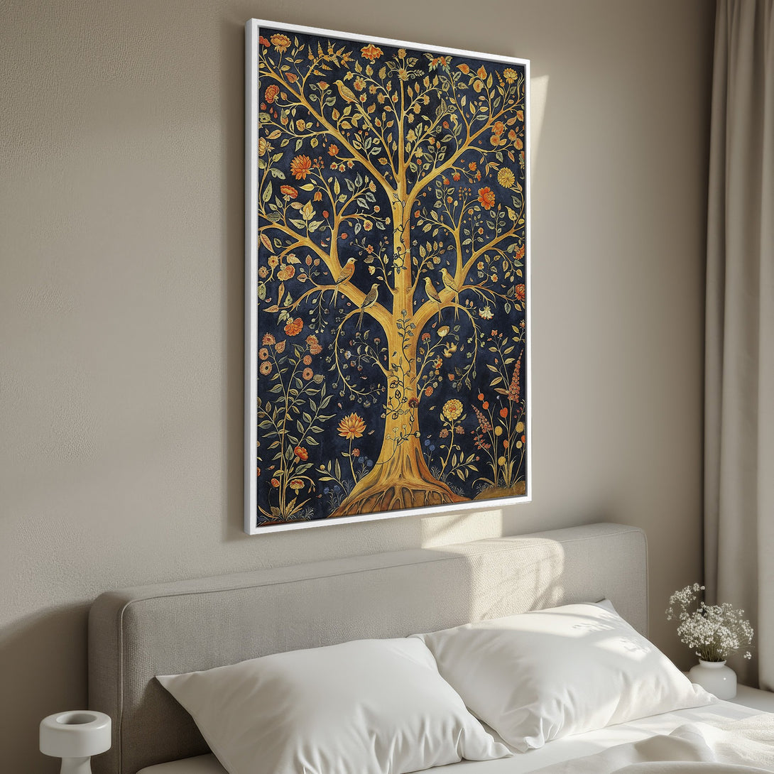 Framed Wall Art: Elegant tree of life print in gold and orange hues on a dark blue background. Perfect for adding a touch of art to your bedroom decor.