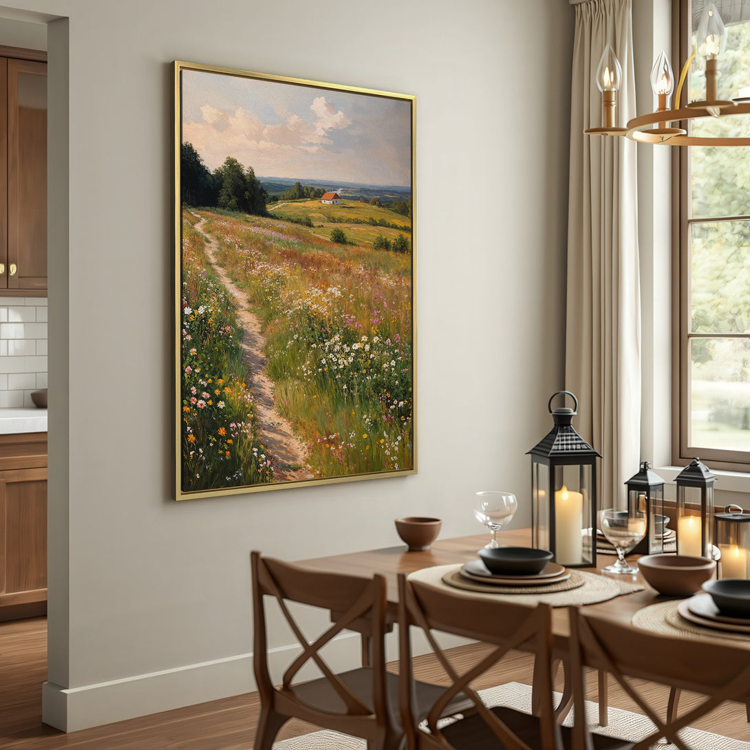Canvas Print of a serene landscape painting with a path through wildflowers, in a warm, natural color palette. Perfect wall decor!