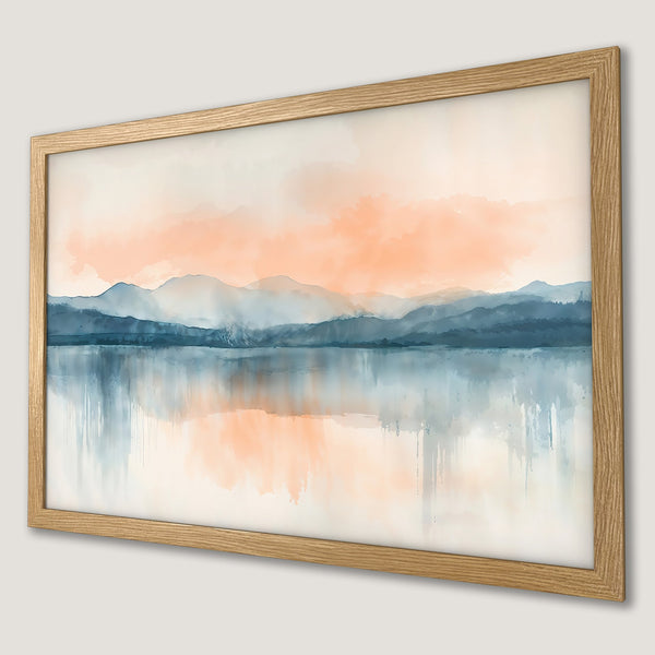 Framed Poster featuring a watercolor landscape with mountains, lake, and sunset. Soft blues, oranges, and beige create a calming art piece.