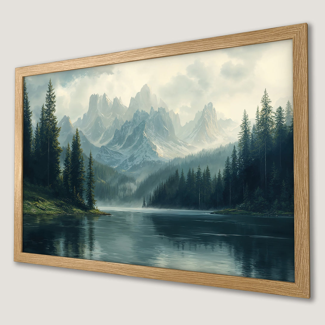 Framed Poster featuring a serene landscape with mountains, lake, and trees. Soft, muted color palette in blues, greens, and whites.