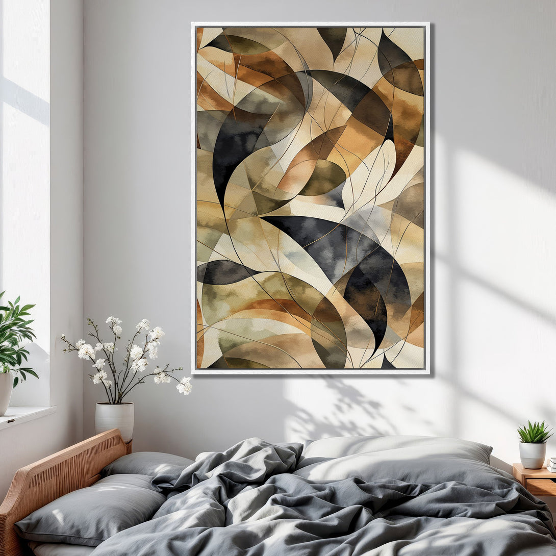 Framed Wall Art featuring an abstract geometric design in warm earth tones, perfect for bedroom decor. Modern art canvas print.