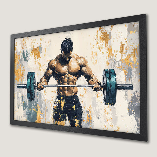 Framed Poster: Bodybuilder lifting weights, abstract art style with gold, gray, and blue color palette. Perfect for gym or home decor.