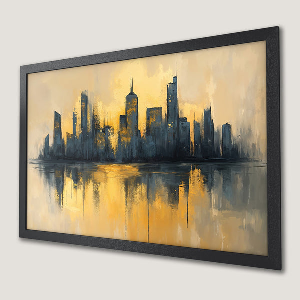 Framed Poster of a cityscape in an abstract style with a yellow and blue color palette. Perfect wall art!