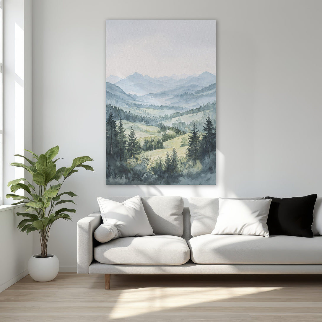 Framed Wall Art: Watercolor mountain landscape in serene blues and greens. Perfect for adding a touch of nature's beauty to your bedroom decor.