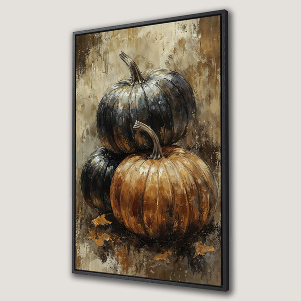 Framed Wall Art featuring a still life of pumpkins in warm autumnal tones. Artistic, textured style perfect for fall decor.