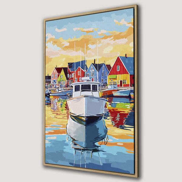 Framed Wall Art featuring a colorful harbor scene with a white boat, vibrant blues, yellows, and reds. Coastal art for a bright home!