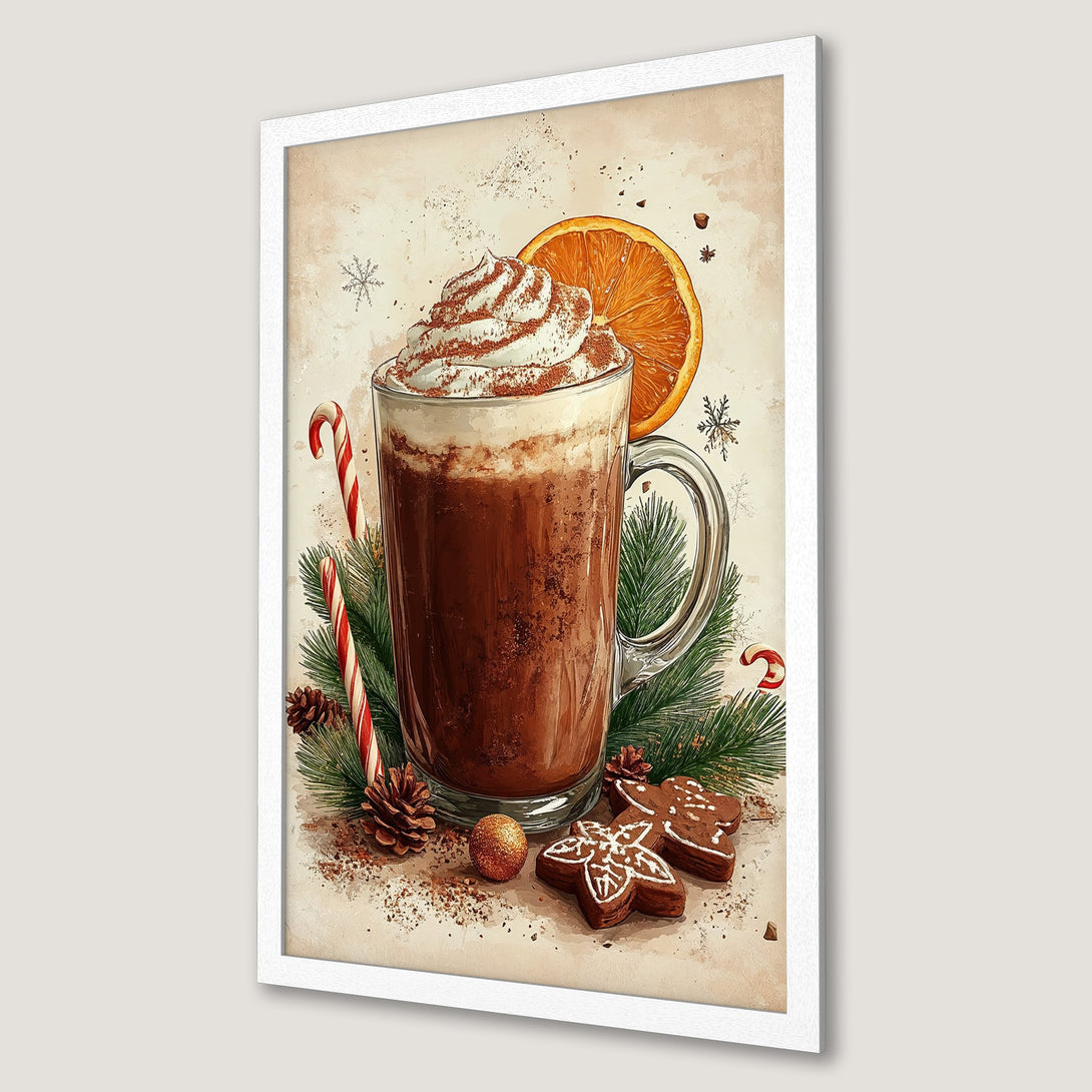 Framed Poster of a cozy winter scene with hot chocolate, gingerbread, and orange slice. Warm, vintage style with brown, cream, and red tones.