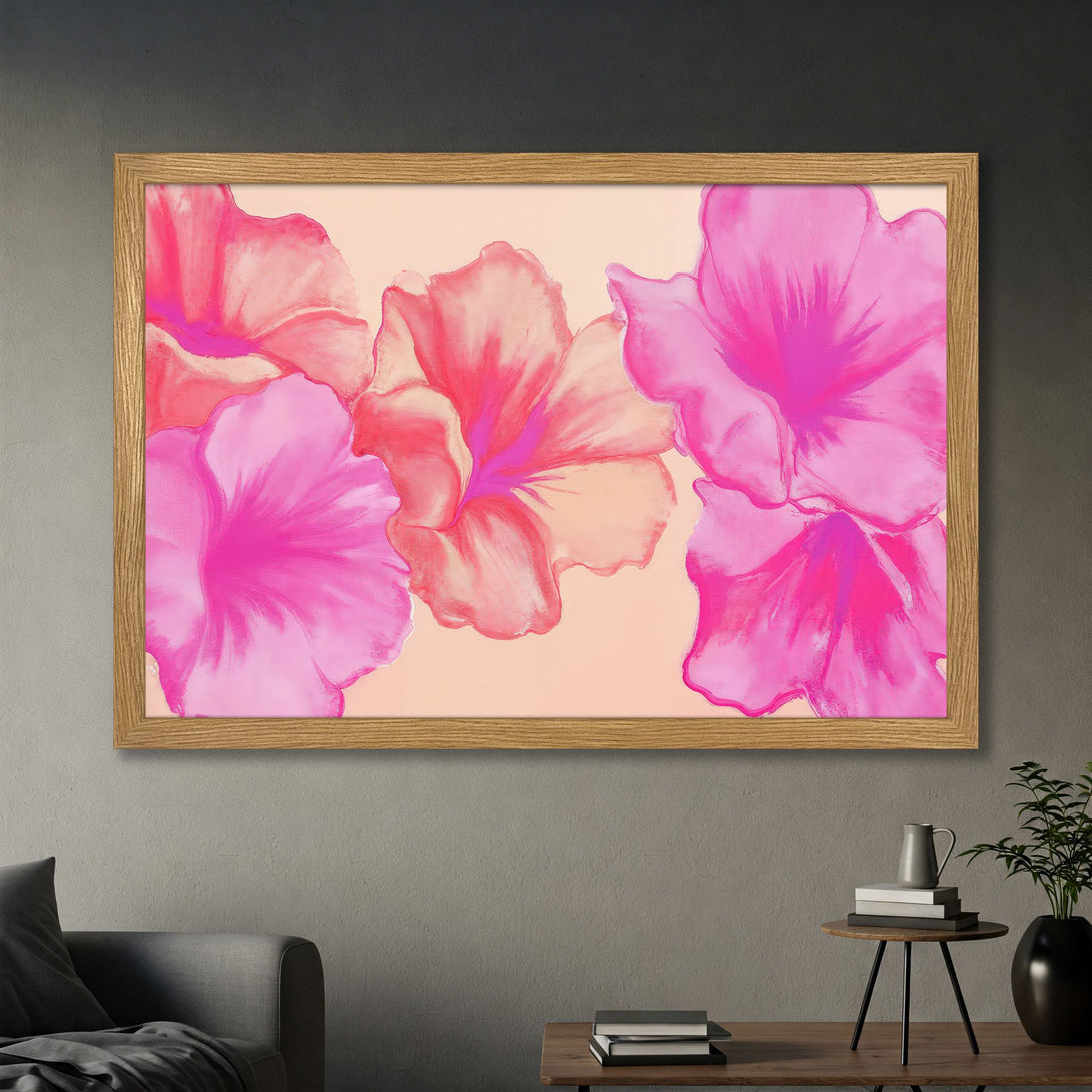 Framed Poster featuring vibrant pink abstract floral art. Modern style, perfect for adding a pop of color to any space.