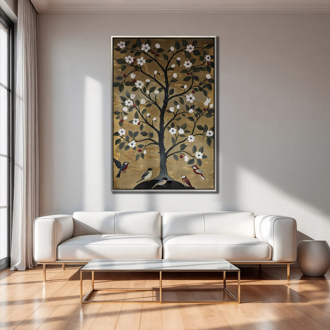 Framed Wall Art: Tree with birds artwork in a gold, black, and white color palette. Modern style canvas print for living room decor.