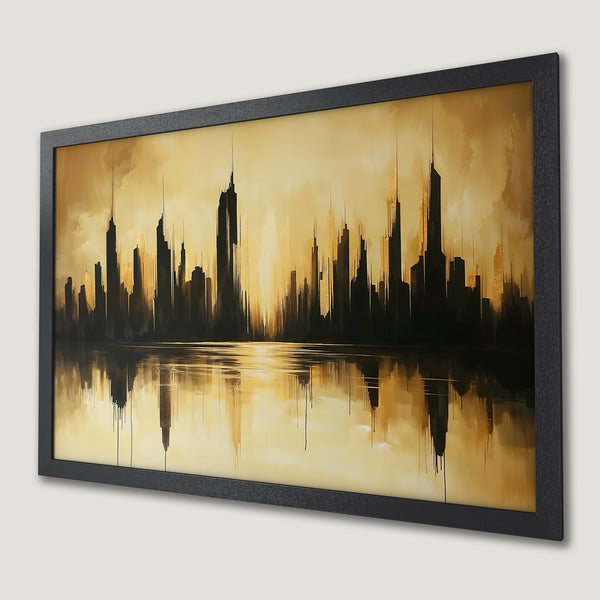 Framed Poster featuring a silhouette cityscape in a warm yellow and black color palette, perfect wall art for any space.
