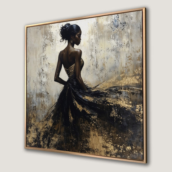 Framed Wall Art: Elegant woman in black and gold dress. Abstract art style with neutral, gold, and black color palette. Perfect for modern decor.