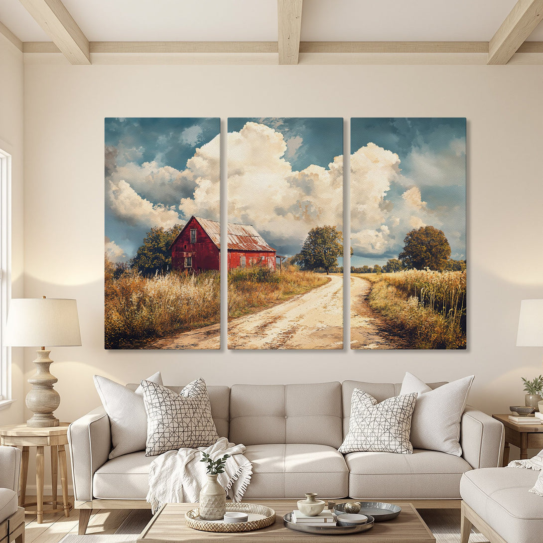 Canvas Print of a rustic red barn landscape in a warm, inviting color palette. Perfect farmhouse wall art for your home.