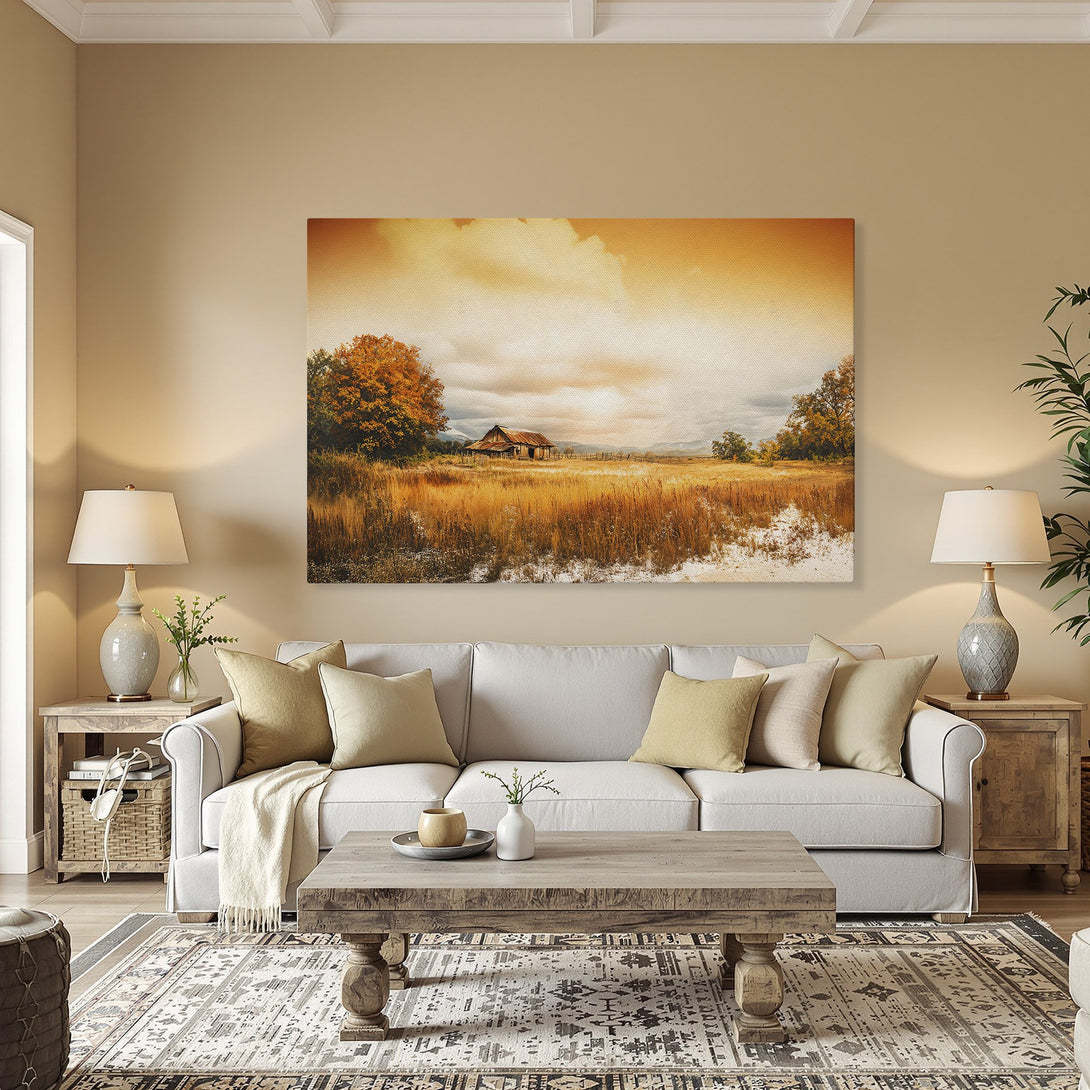 Framed Wall Art: Rustic landscape Canvas Print with warm golden tones. Perfect for adding a touch of nature to your home decor.