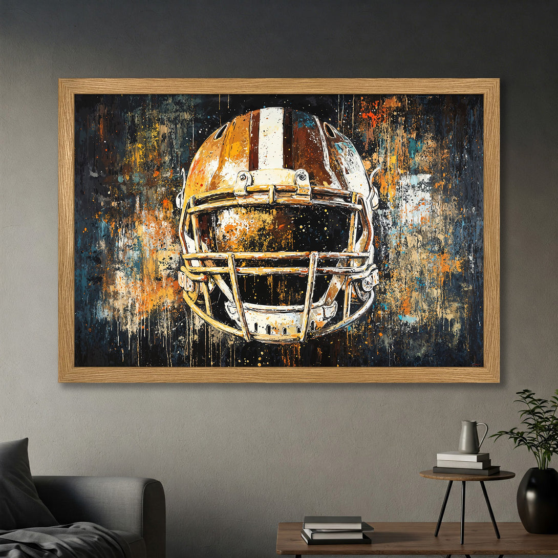 Framed Poster: Abstract football helmet art in gold, orange, and blue. Perfect sports decor for your home or office.