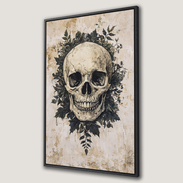 Framed Wall Art featuring a detailed skull surrounded by dark leaves, in a vintage style with a neutral beige and black color palette. Perfect gothic home decor.