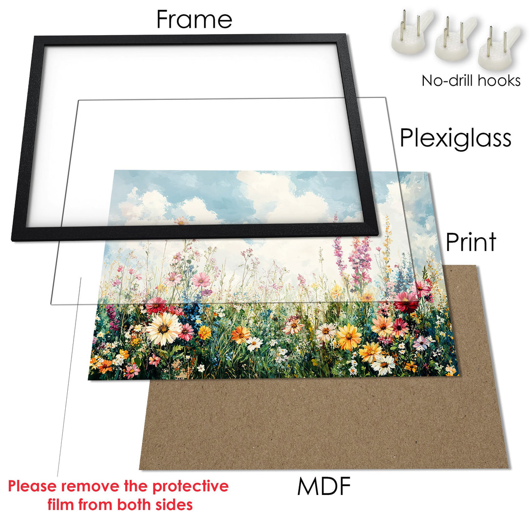 Framed Poster featuring a vibrant floral meadow. Impressionistic style with a colorful palette of blues, greens, and yellows. Add art to your walls!