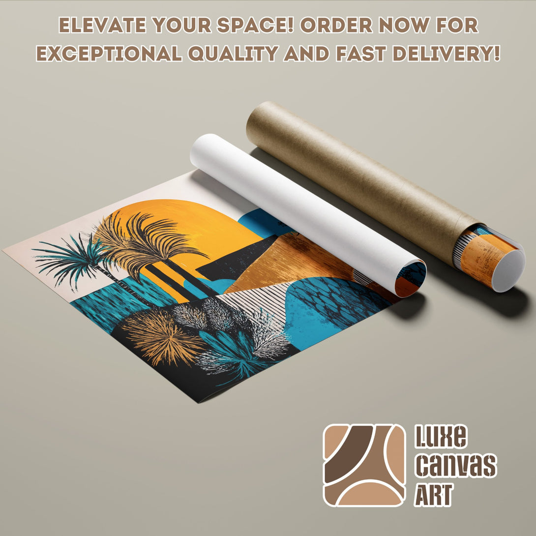 Abstract art poster roll with palm trees, vibrant yellow, blue & orange color palette. Elevate your space!