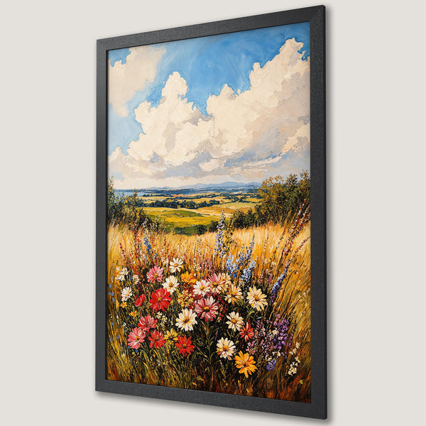 Framed Poster of a vibrant landscape painting with wildflowers, blue sky, and a warm color palette. Perfect wall art!