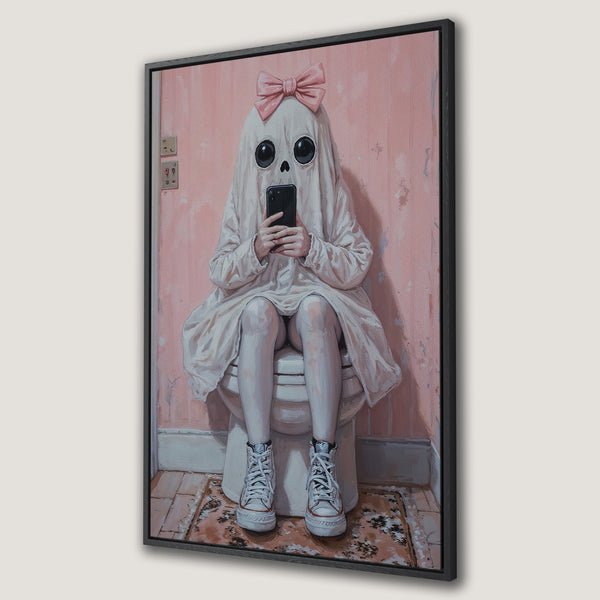 Framed Wall Art: Whimsical ghost on toilet, holding phone. Pastel pink and white color palette. Unique, modern art for your home.