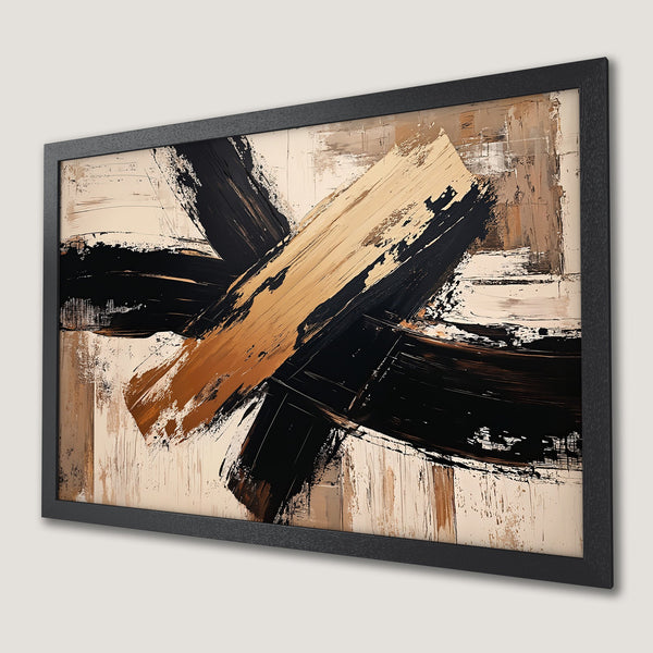 Framed Poster: Abstract art print with bold brushstrokes in black, beige, and brown. Modern home decor.