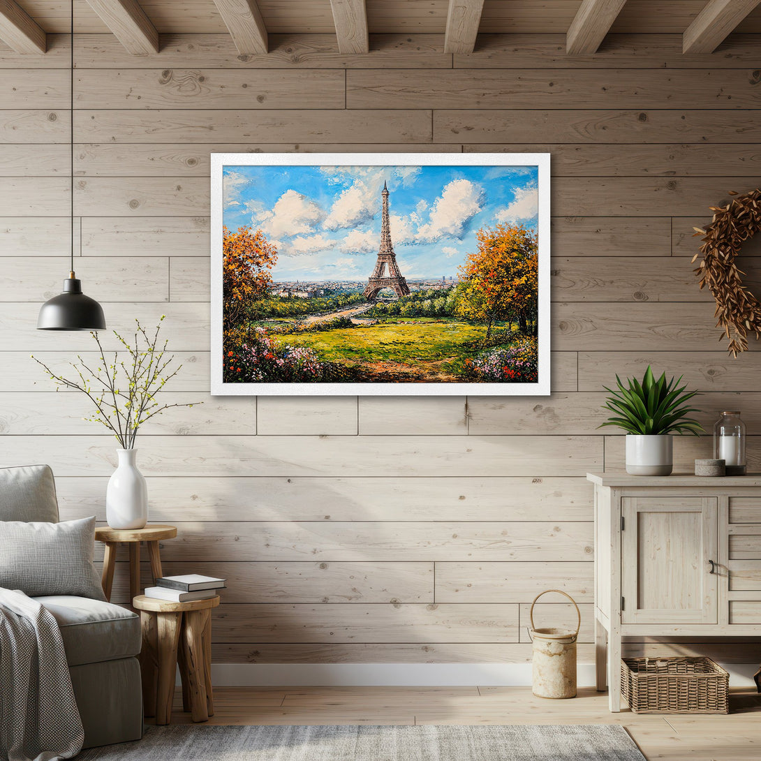 Framed Poster of the Eiffel Tower in Paris. Impressionist style art with a vibrant blue, green, and orange color palette. Bring Paris home!