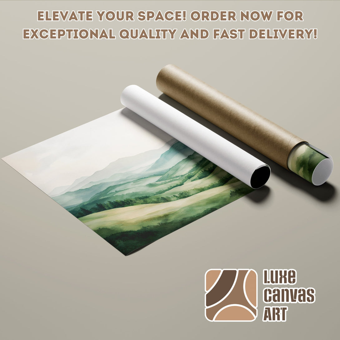 Watercolor mountain landscape Poster Roll, green and neutral tones, perfect wall art.