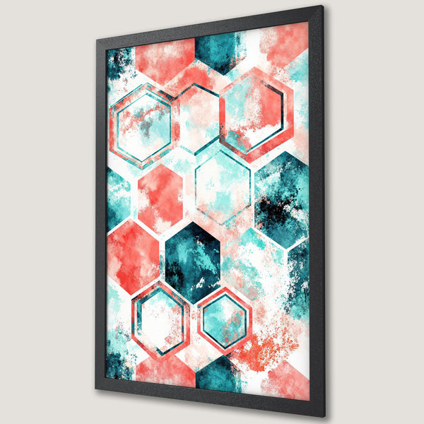 Framed Poster featuring abstract geometric hexagons in coral, teal, and white watercolor style. Modern art print for home decor.