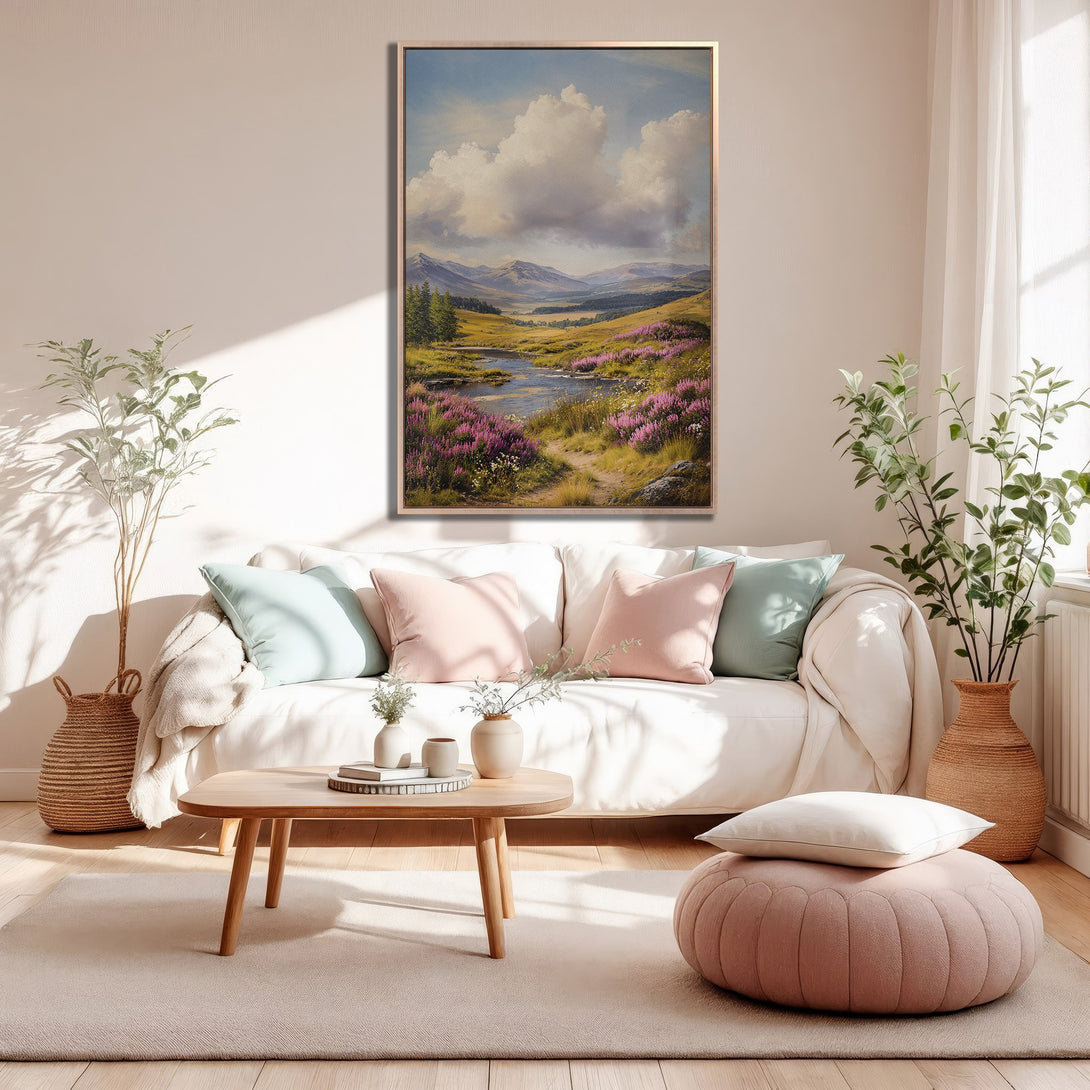Framed Wall Art: Landscape Canvas Print with a serene valley scene in soft blues, greens, and purples, perfect for adding a touch of nature's beauty to your home.